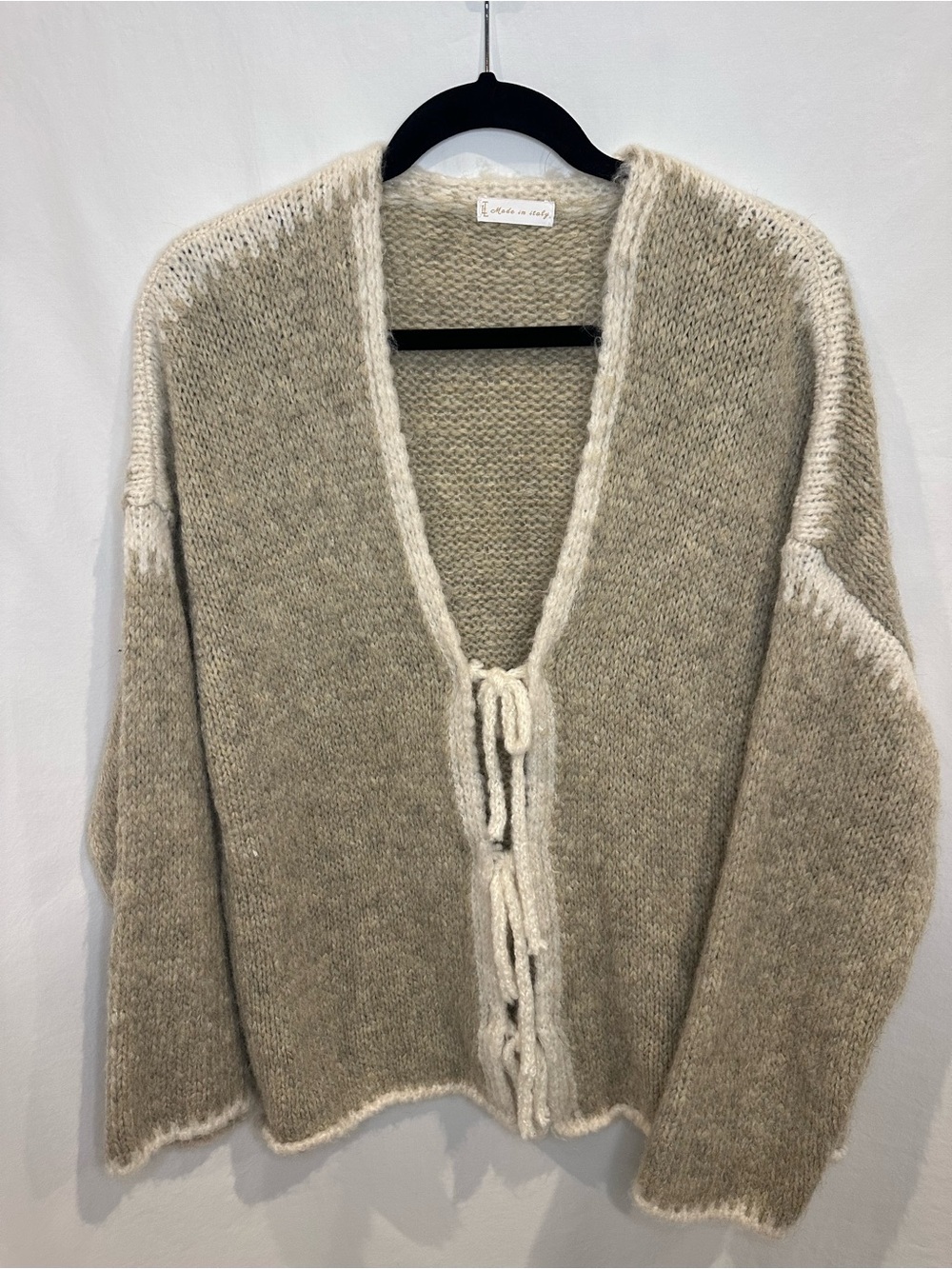Source Unknown Two-Tone Tie-Front Cardigan in Cream and Taupe